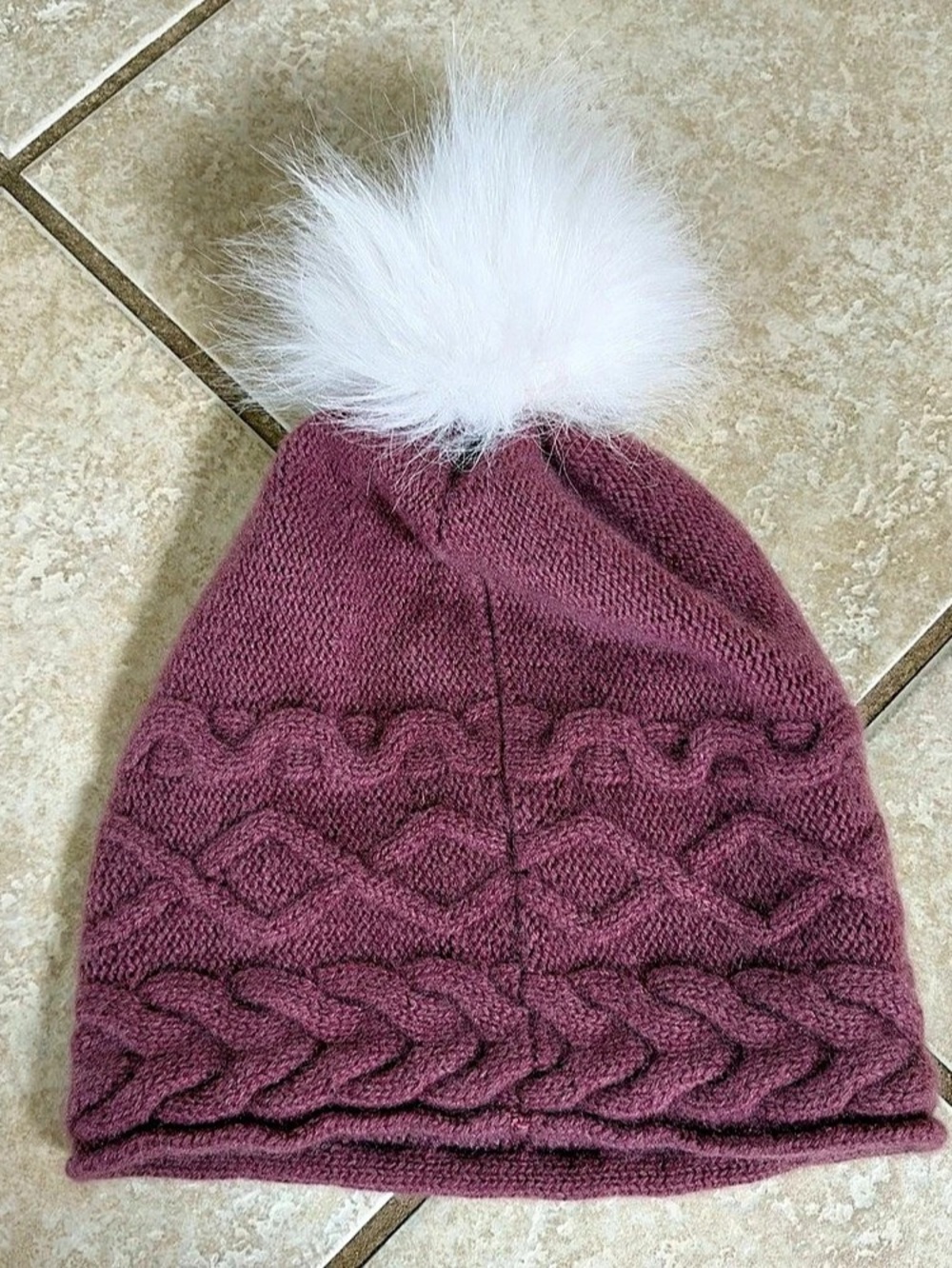 WHITE PINE MAUVE 100% Cashmere 2 PLY WITH Faux Fur Pom Knit Beanie Winter Hat - Picture 2 of 6